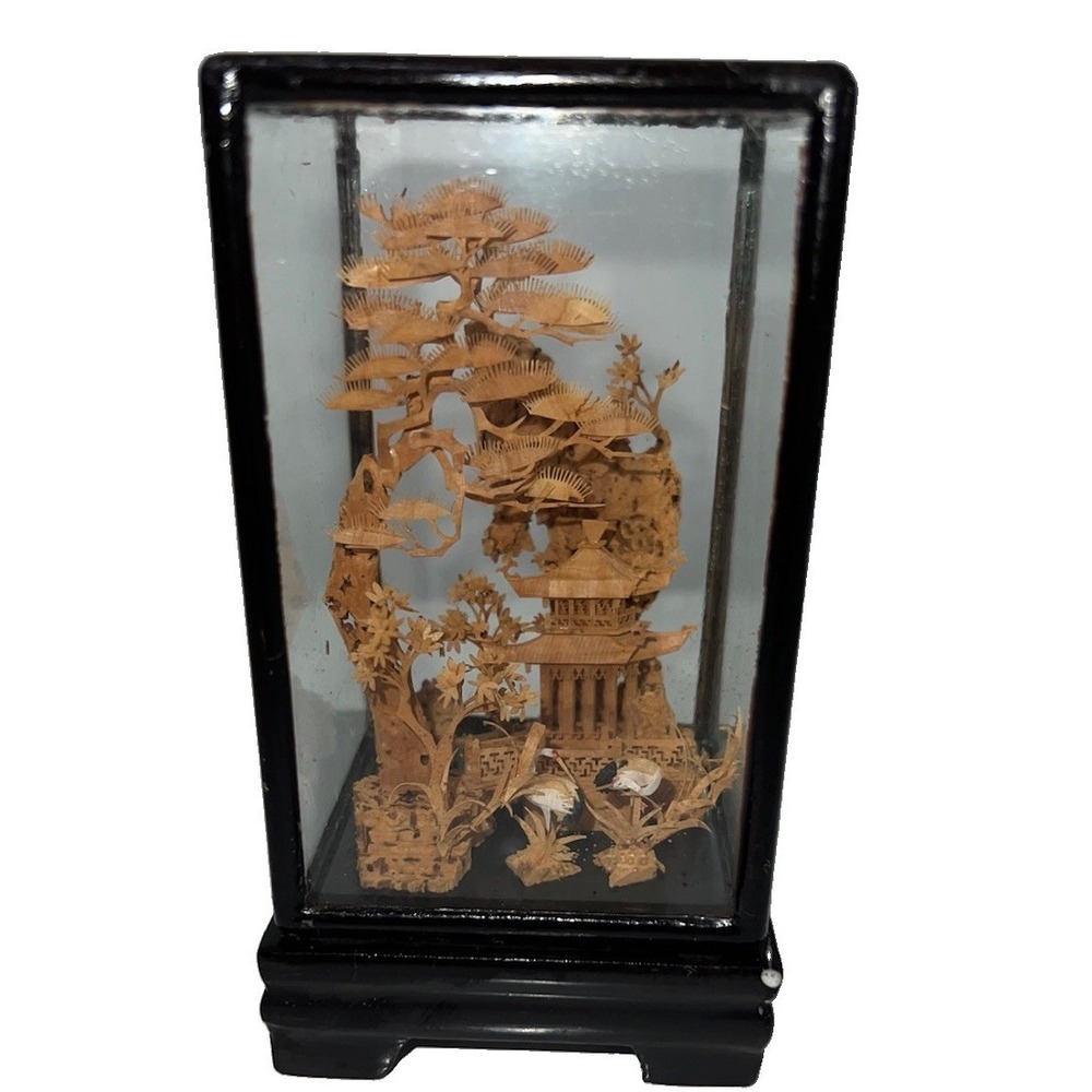 (4)Vintage Small‎ Chinese Hand Carved Cork Art w/ Storks & Pagoda Scene 3D
